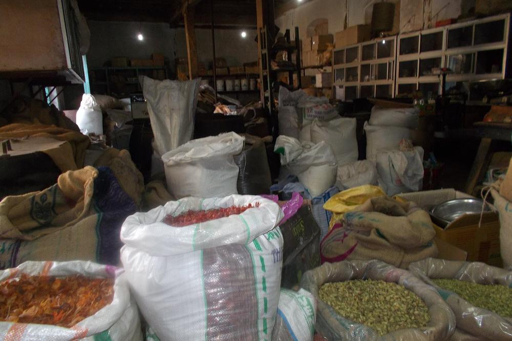 Spice sacks graded on the floor of a Mattancherry godown Spice sacks graded on the floor of a Mattancherry godown