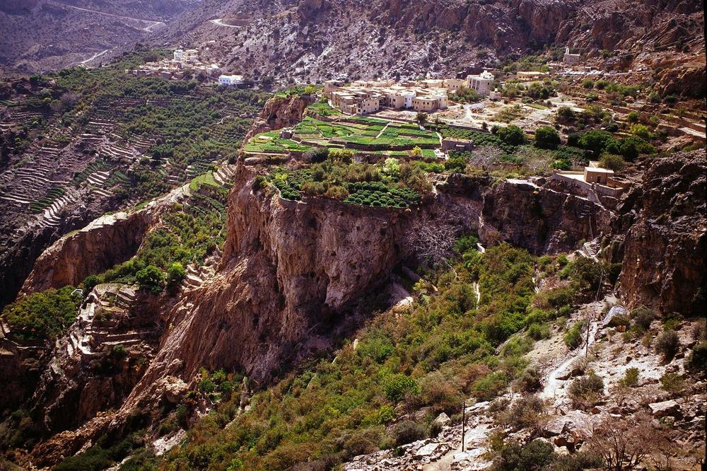 Stone-walled terraces above a village on the Saiq plateau Stone-walled terraces above a village on the Saiq plateau