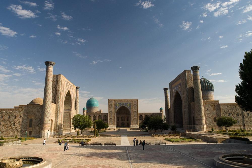 Three madrasa fronts standing at right angles around the Registan square Three madrasa fronts standing at right angles around the Registan square